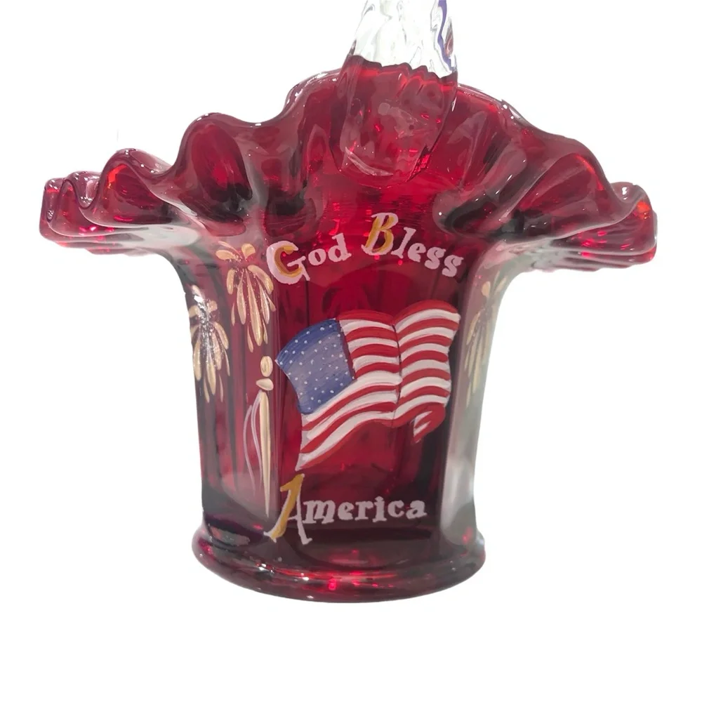 FENTON GOD BLESS AMERICA HAND PAINTED PATRIOTIC RED GLASS BASKET